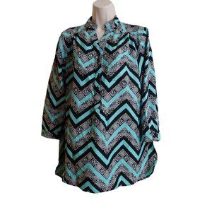 Chevron Geometric Pattern Black Blue 3/4 Sleeve Pullover Blouse Women Size L